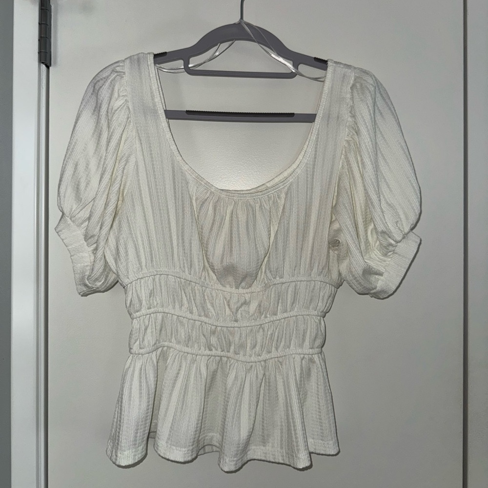 Anthropologie Women's White Puff Sleeve Ruched Blouse - Picture 2 of 7